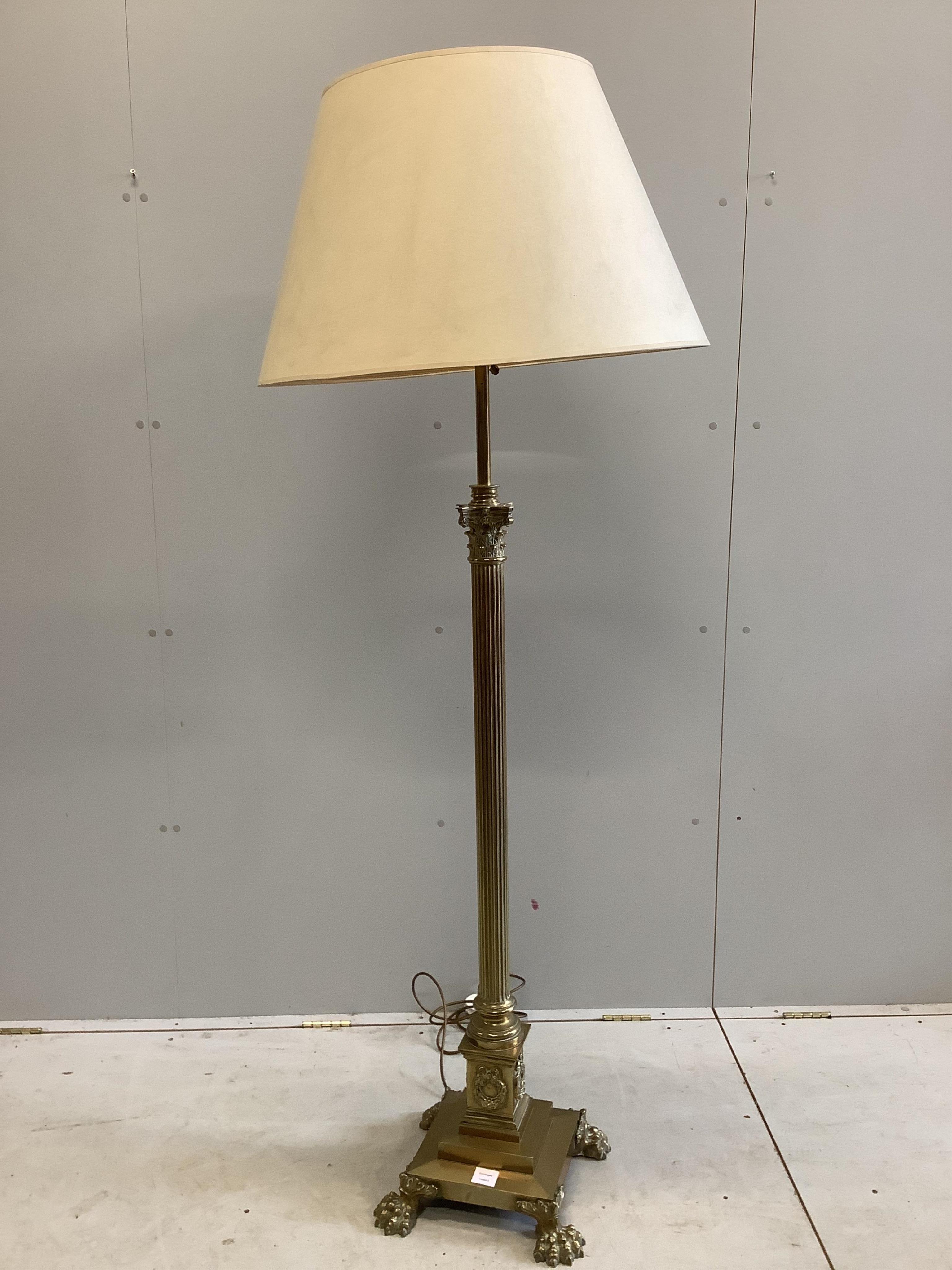 An Edwardian Corinthian column brass lamp standard, height including shade 182cm. Condition - fair to good